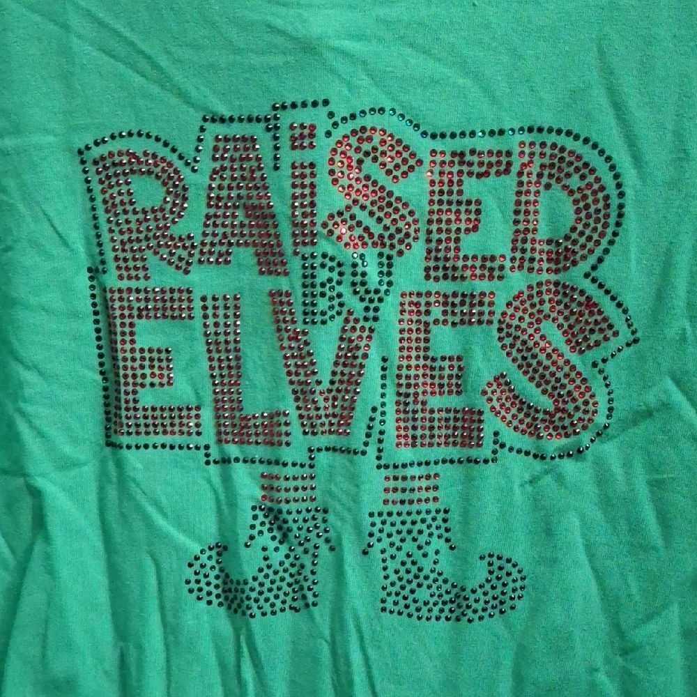 NNWT Raised by Elves Tee with Red and Green Rhinestone Design